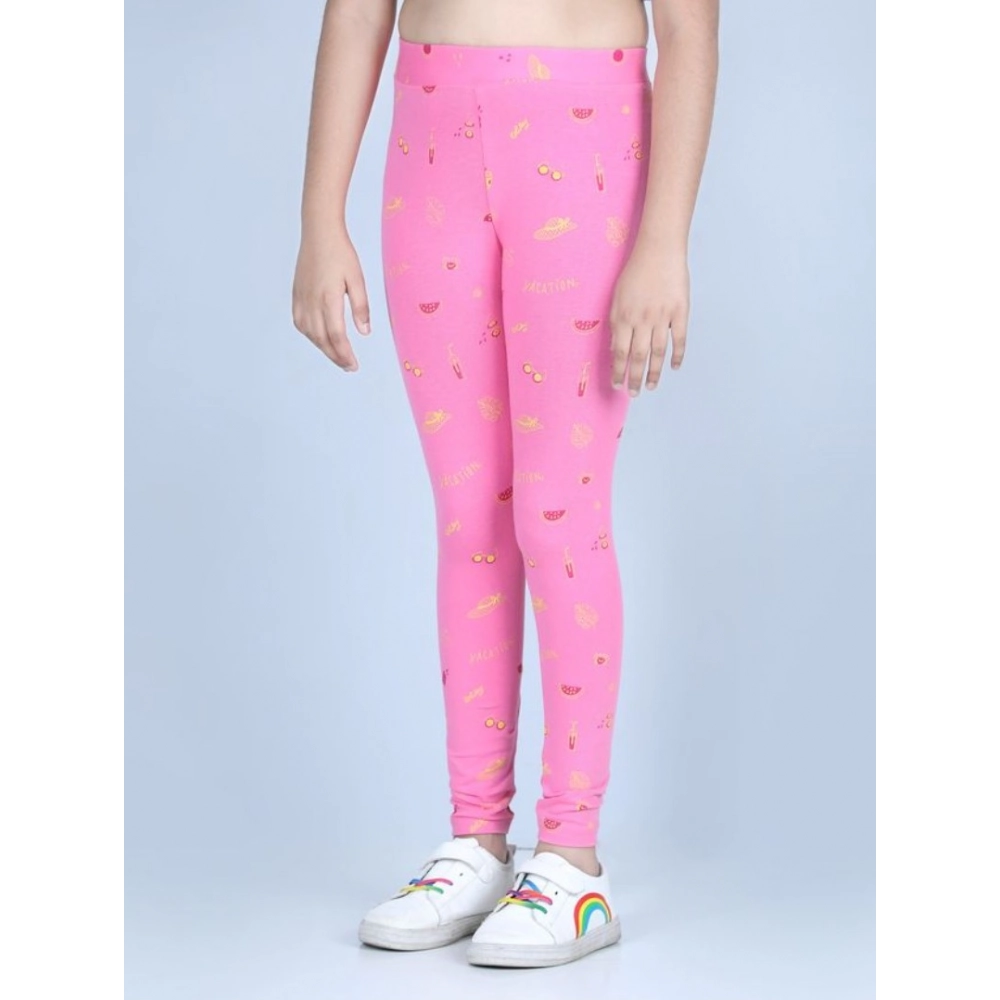 Generic Girl's Cotton Lycra Printed Elasticated Leggings (Pink) - Image 5