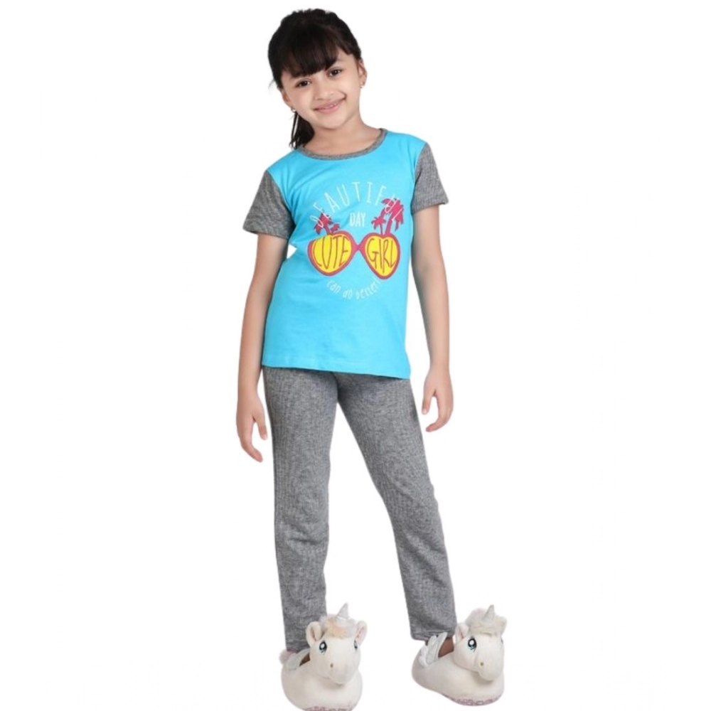 Generic Girl's Cotton Hosiery Printed Night Suit Set (Blue-Grey) - Image 5