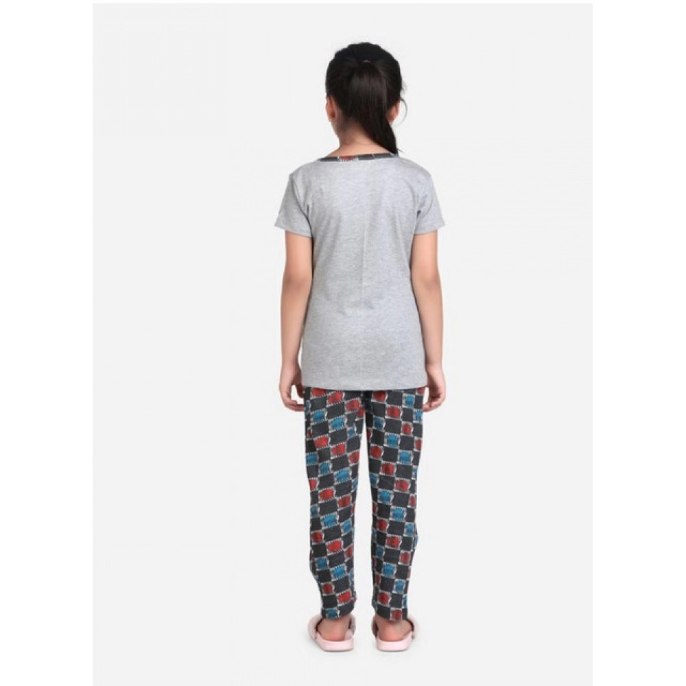 Generic Girl's Cotton Hosiery Printed Night Suit Set (Grey-Red) - Image 4