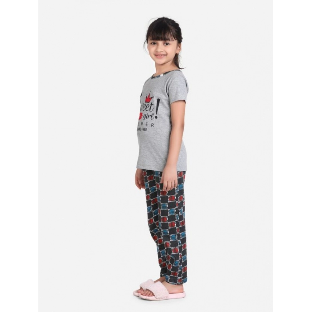 Generic Girl's Cotton Hosiery Printed Night Suit Set (Grey-Red) - Image 5