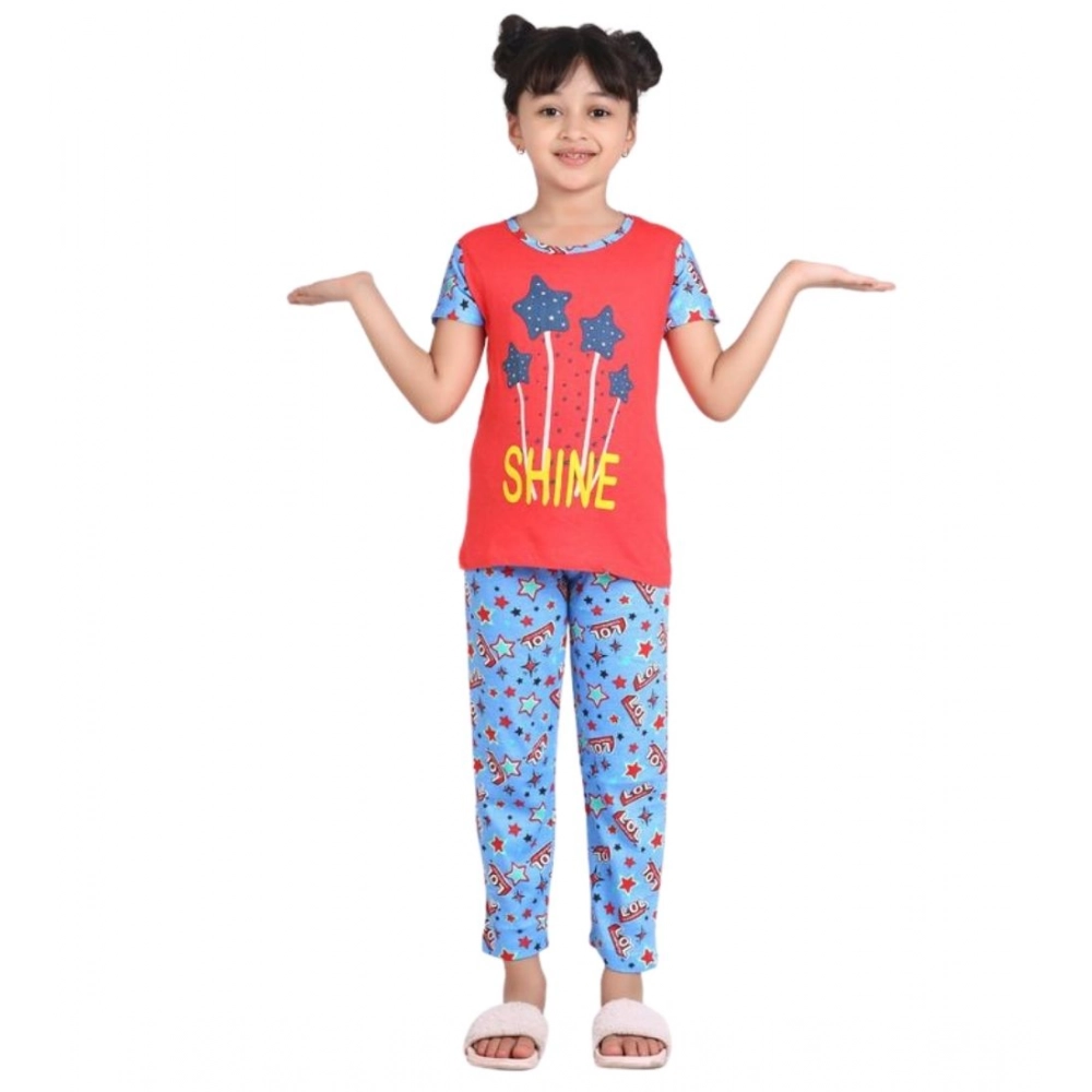 Generic Girl's Cotton Hosiery Printed Night Suit Set (Red-Blue) - Image 5