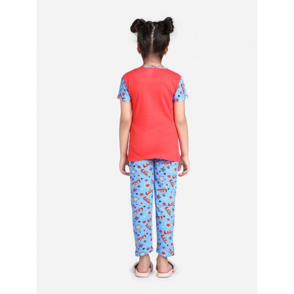 Generic Girl's Cotton Hosiery Printed Night Suit Set (Red-Blue) - Image 4