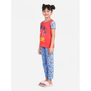 Generic Girl's Cotton Hosiery Printed Night Suit Set (Red-Blue)
