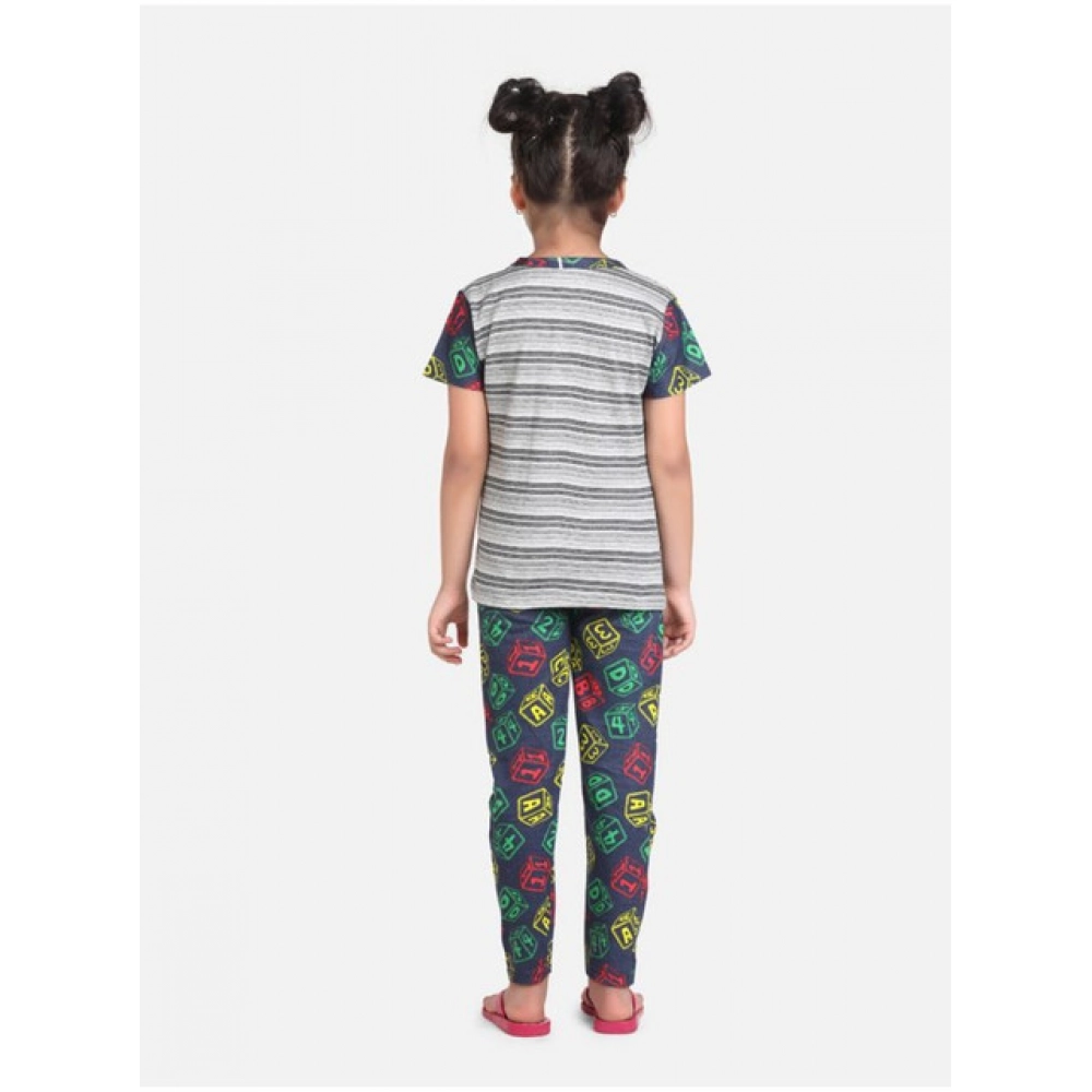 Generic Girl's Cotton Hosiery Printed Night Suit Set (Grey-Green) - Image 4