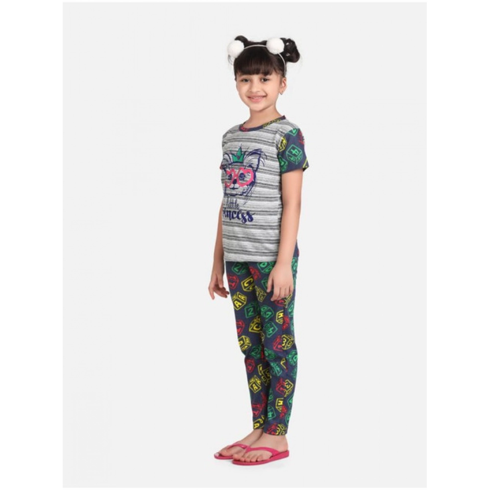Generic Girl's Cotton Hosiery Printed Night Suit Set (Grey-Green) - Image 5