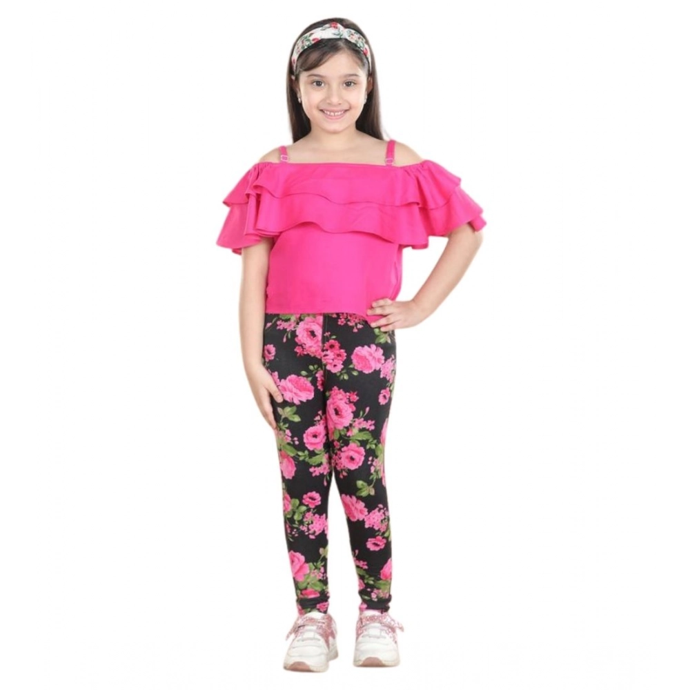Generic Girl's Cotton Floral Elasticated Jegging and Top Set (Black-Pink) - Image 2