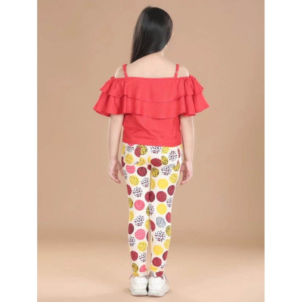 Generic Girl's Cotton Floral Elasticated Jegging and Top Set (Red) - Image 4
