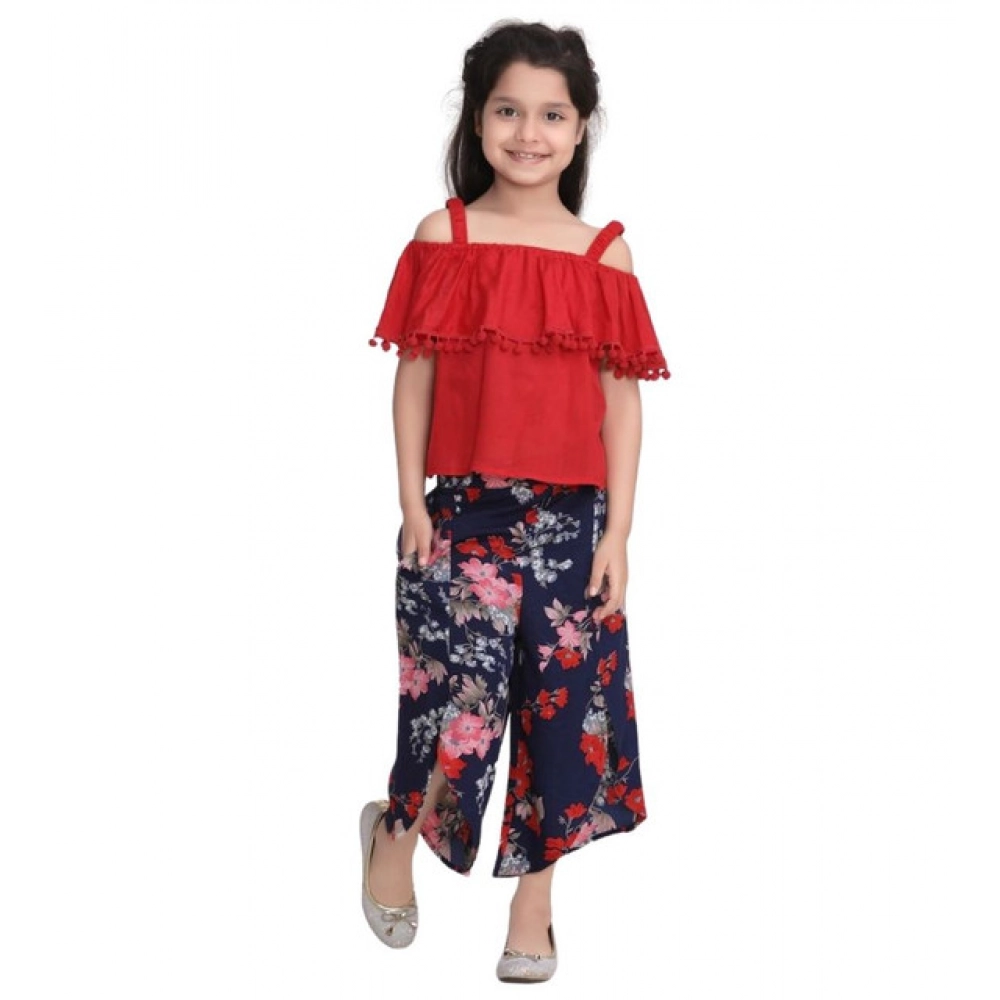 Generic Girl's Rayon Crepe Printed Cold Shoulder Top and Pants Set (Red-Navy) - Image 5