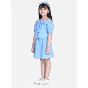 Generic Girl's Denim Solid Cold Shoulder Top and Skirt Set (Light Blue)