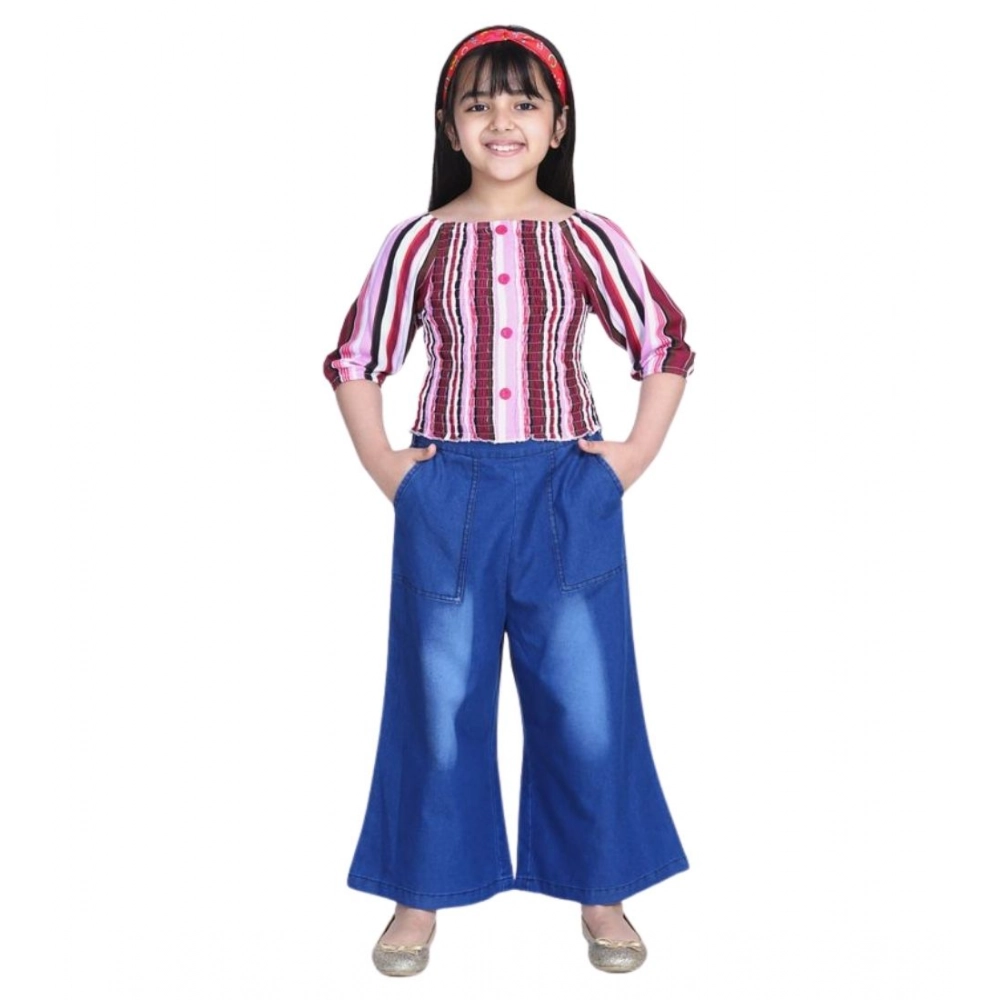 Generic Girl's Rayon Solid Bell Sleeve Top with Culottes (Purple-Blue) - Image 3