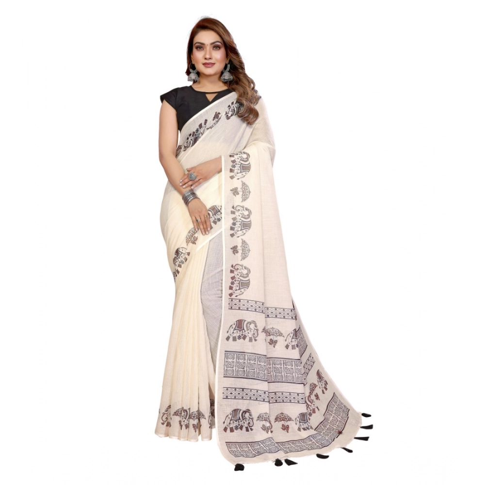 Generic Women's Linen Cotton Printed Saree With Unstitched Blouse 5.5Mtr (Off White) - Image 6