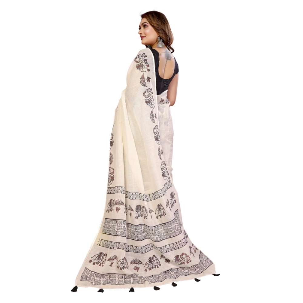 Generic Women's Linen Cotton Printed Saree With Unstitched Blouse 5.5Mtr (Off White) - Image 5