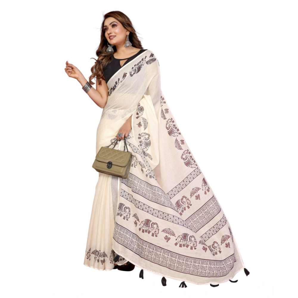 Generic Women's Linen Cotton Printed Saree With Unstitched Blouse 5.5Mtr (Off White) - Image 4