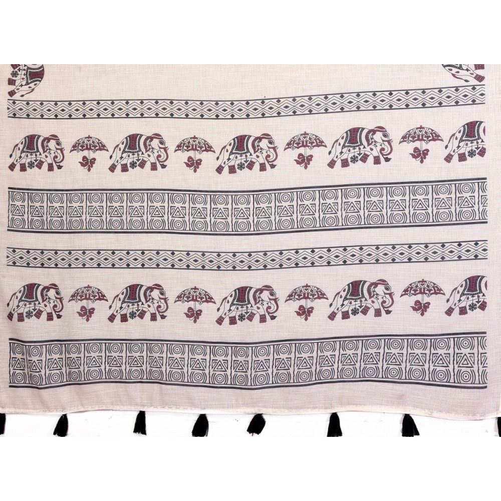 Generic Women's Linen Cotton Printed Saree With Unstitched Blouse 5.5Mtr (Off White) - Image 3