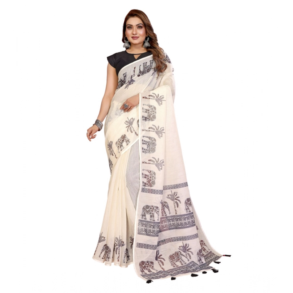 Generic Women's Linen Cotton Printed Saree With Unstitched Blouse 5.5Mtr (Off White) - Image 5