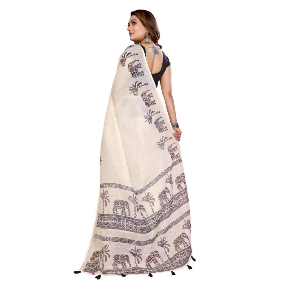 Generic Women's Linen Cotton Printed Saree With Unstitched Blouse 5.5Mtr (Off White) - Image 6