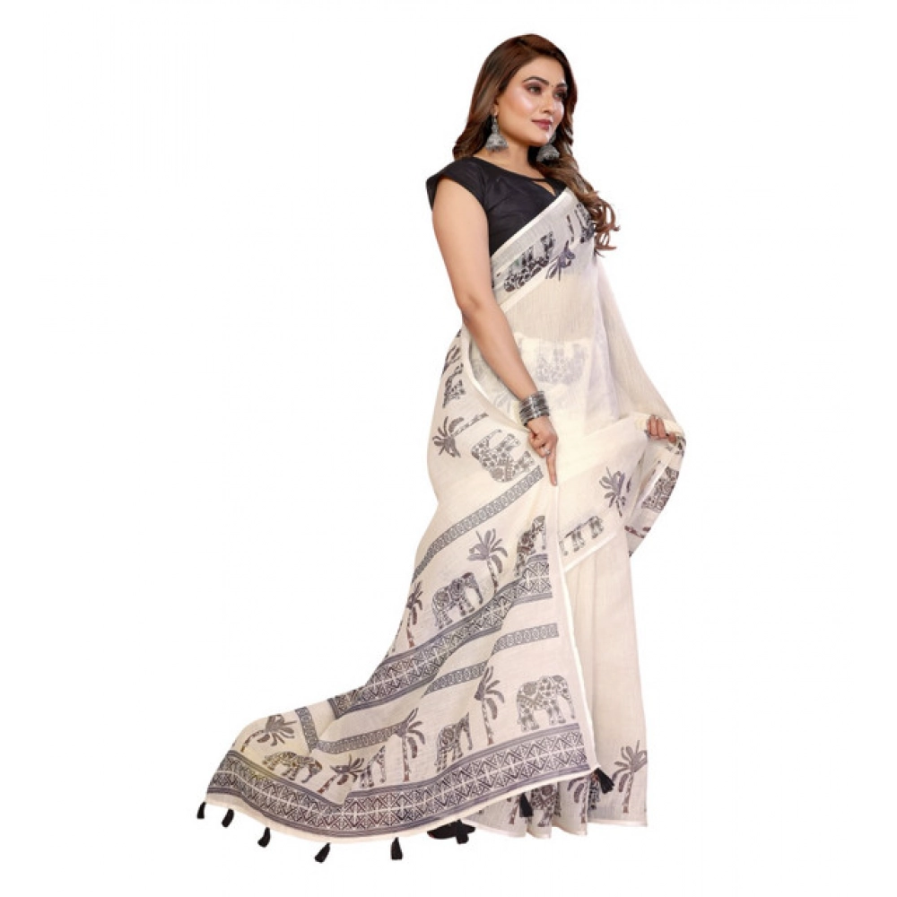 Generic Women's Linen Cotton Printed Saree With Unstitched Blouse 5.5Mtr (Off White) - Image 4