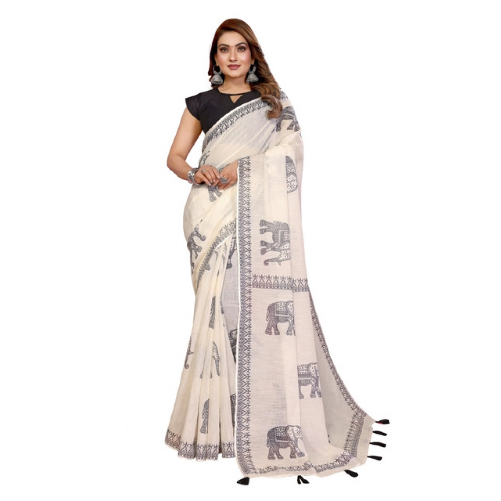 Generic Women's Linen Cotton Printed Saree With Unstitched Blouse 5.5Mtr (Off White) - Image 6