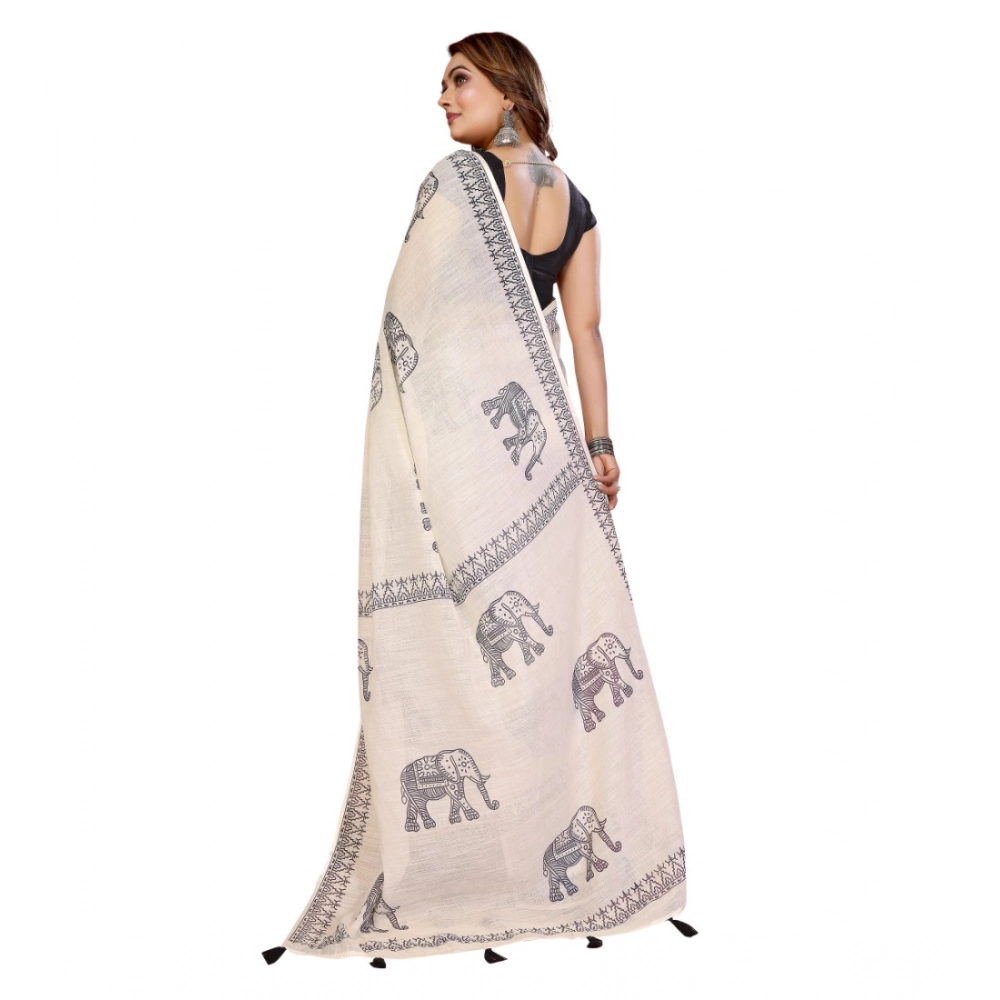 Generic Women's Linen Cotton Printed Saree With Unstitched Blouse 5.5Mtr (Off White) - Image 5