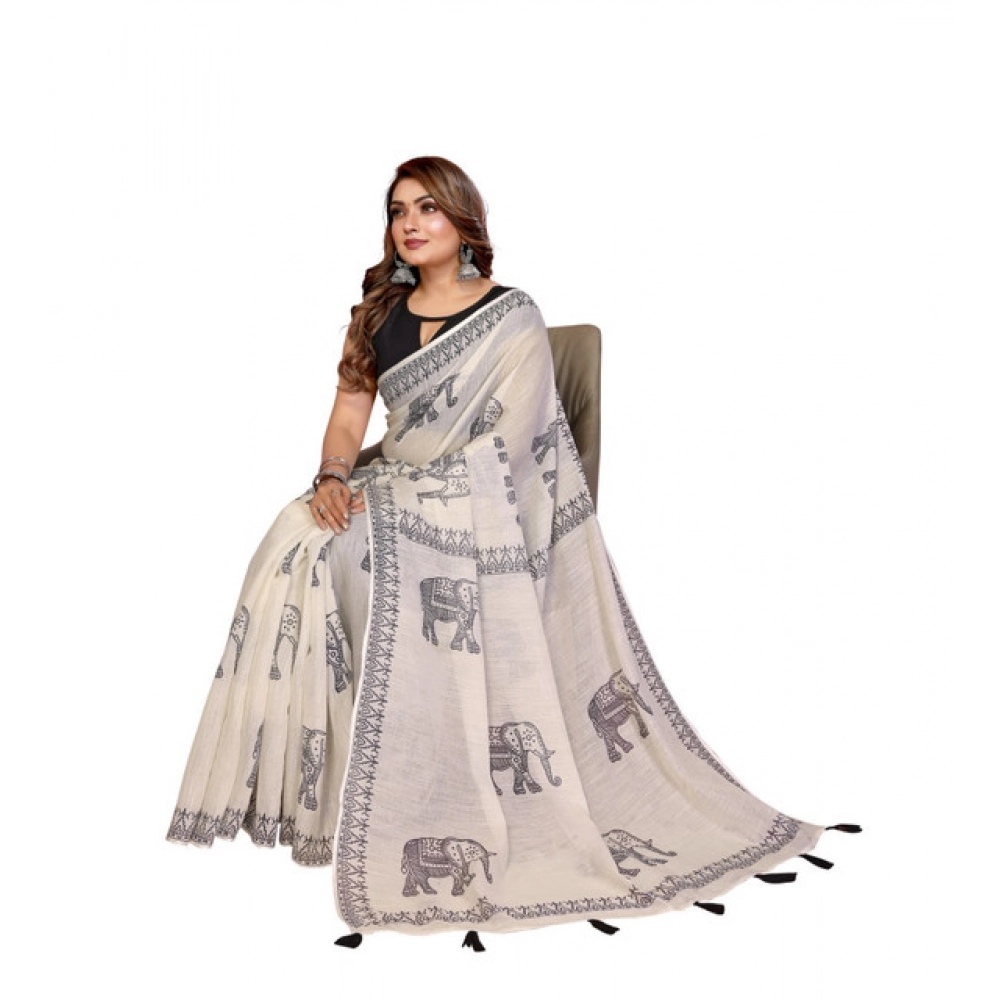 Generic Women's Linen Cotton Printed Saree With Unstitched Blouse 5.5Mtr (Off White) - Image 4