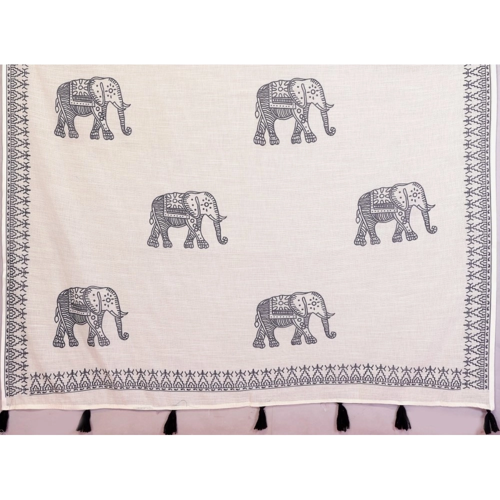 Generic Women's Linen Cotton Printed Saree With Unstitched Blouse 5.5Mtr (Off White) - Image 3