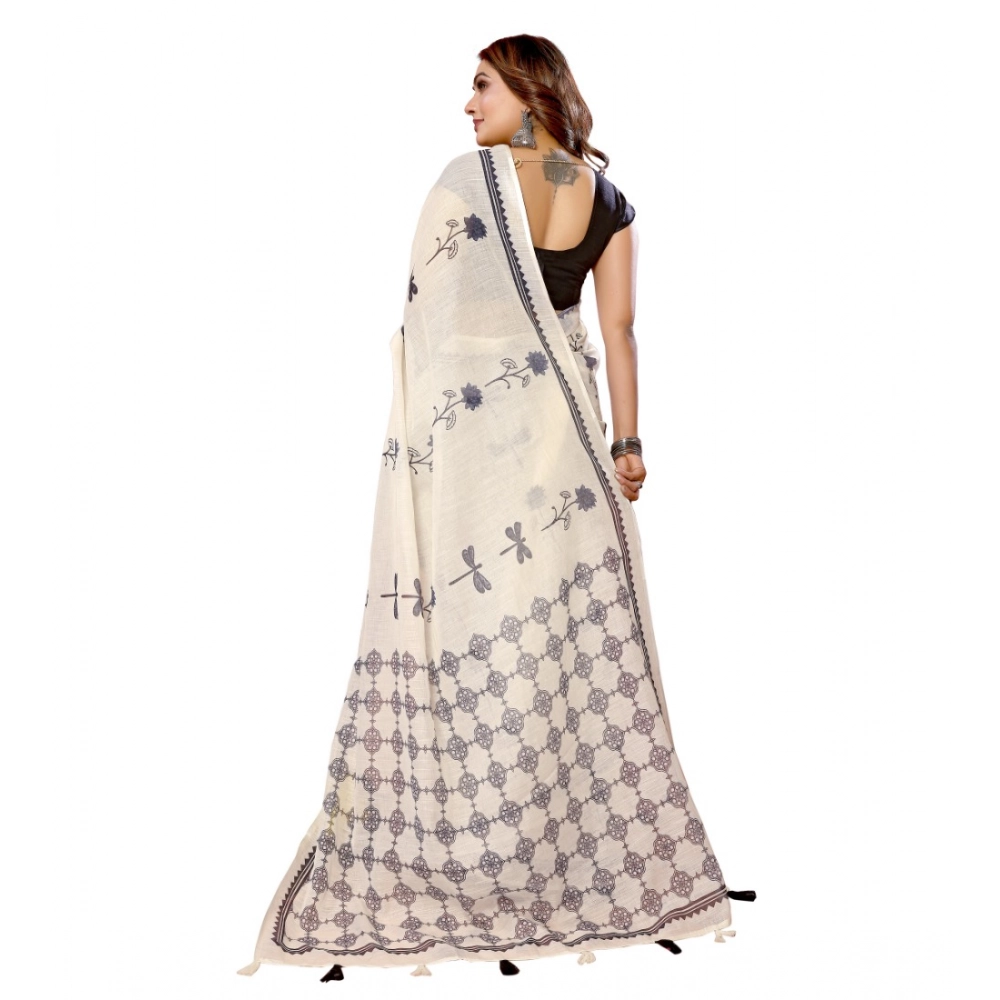 Generic Women's Linen Cotton Printed Saree With Unstitched Blouse 5.5Mtr (Off White) - Image 5