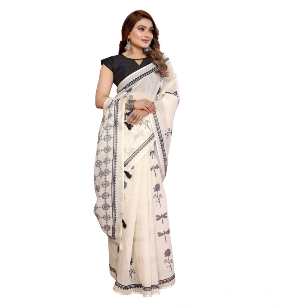 Generic Women's Linen Cotton Printed Saree With Unstitched Blouse 5.5Mtr (Off White) - Image 6