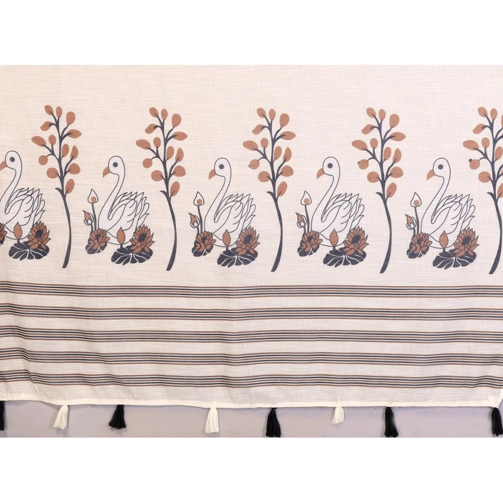 Generic Women's Linen Cotton Printed Saree With Unstitched Blouse 5.5Mtr (Off White) - Image 3