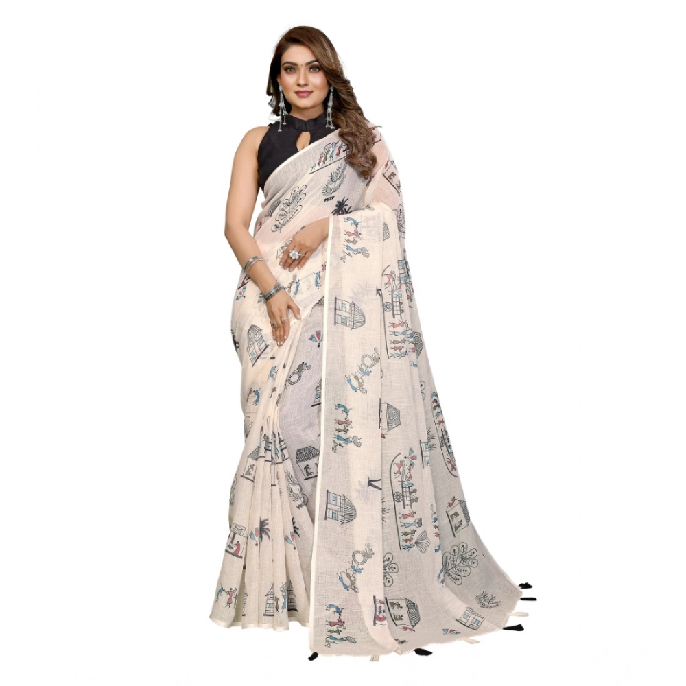 Generic Women's Linen Cotton Printed Saree With Unstitched Blouse 5.5Mtr (Off White) - Image 2