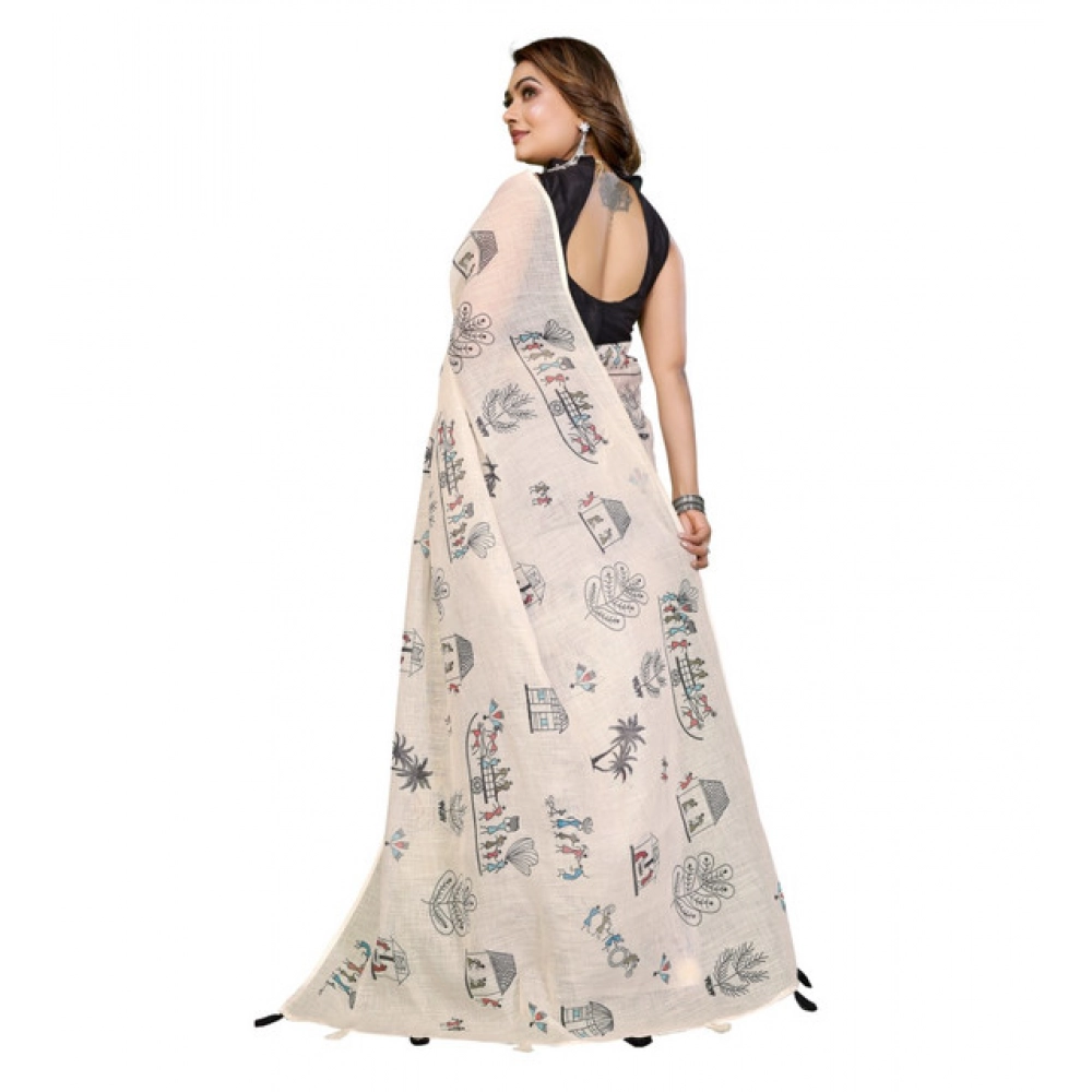 Generic Women's Linen Cotton Printed Saree With Unstitched Blouse 5.5Mtr (Off White) - Image 6