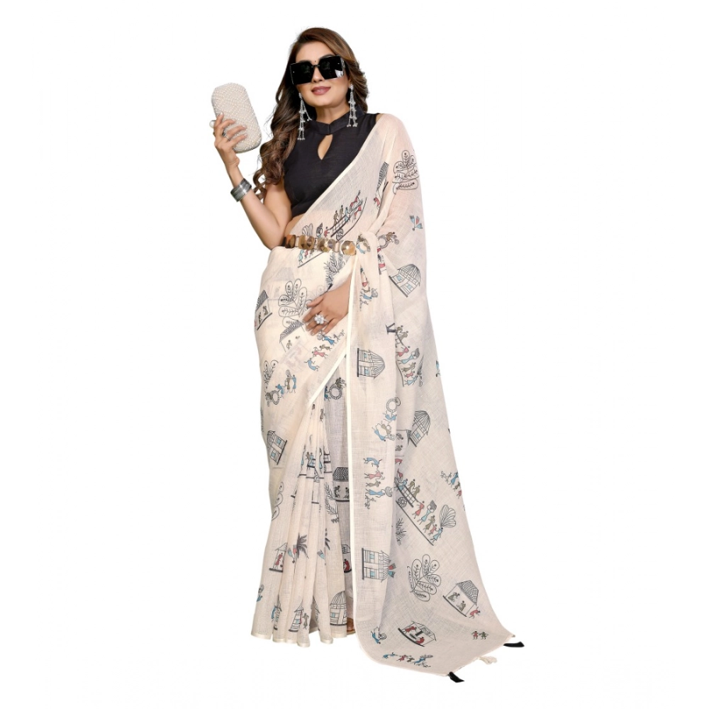 Generic Women's Linen Cotton Printed Saree With Unstitched Blouse 5.5Mtr (Off White) - Image 5