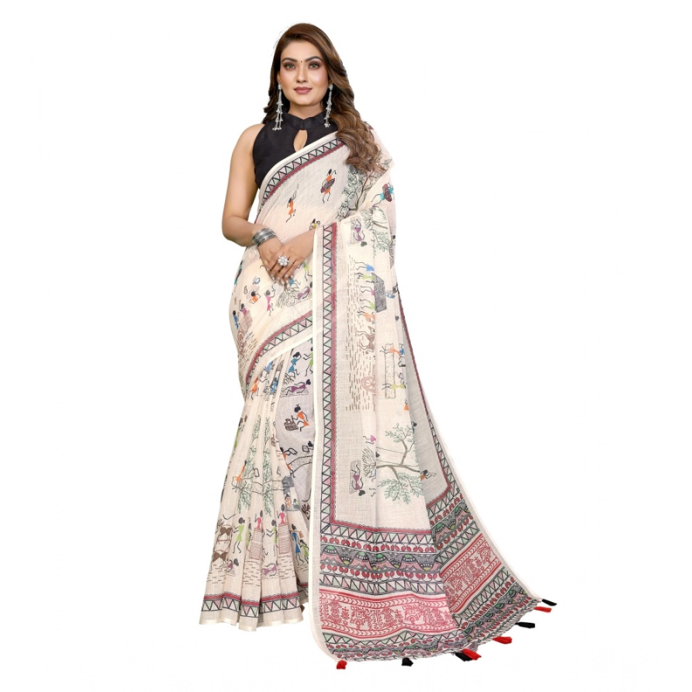 Generic Women's Linen Cotton Printed Saree With Unstitched Blouse 5.5Mtr (Off White) - Image 2