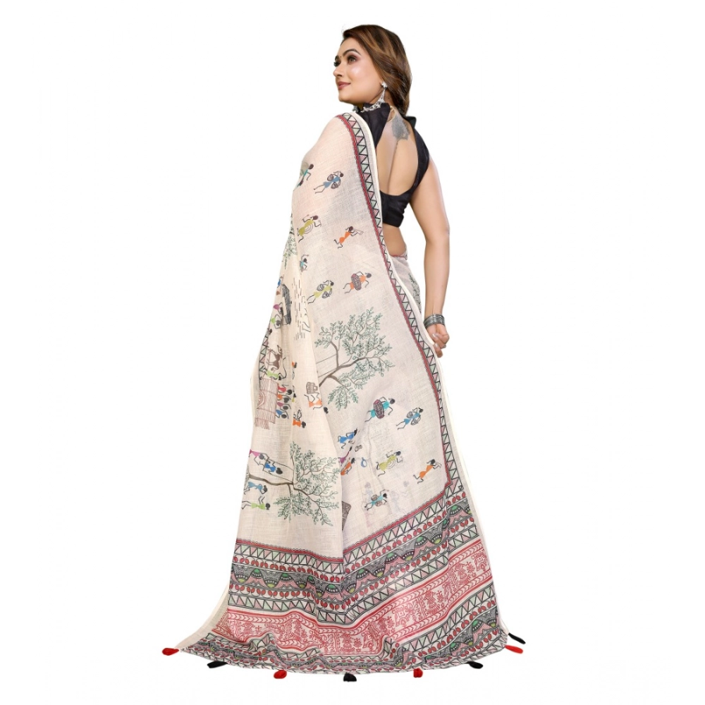 Generic Women's Linen Cotton Printed Saree With Unstitched Blouse 5.5Mtr (Off White) - Image 6
