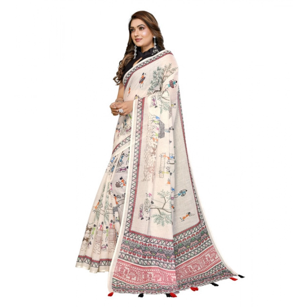 Generic Women's Linen Cotton Printed Saree With Unstitched Blouse 5.5Mtr (Off White) - Image 5