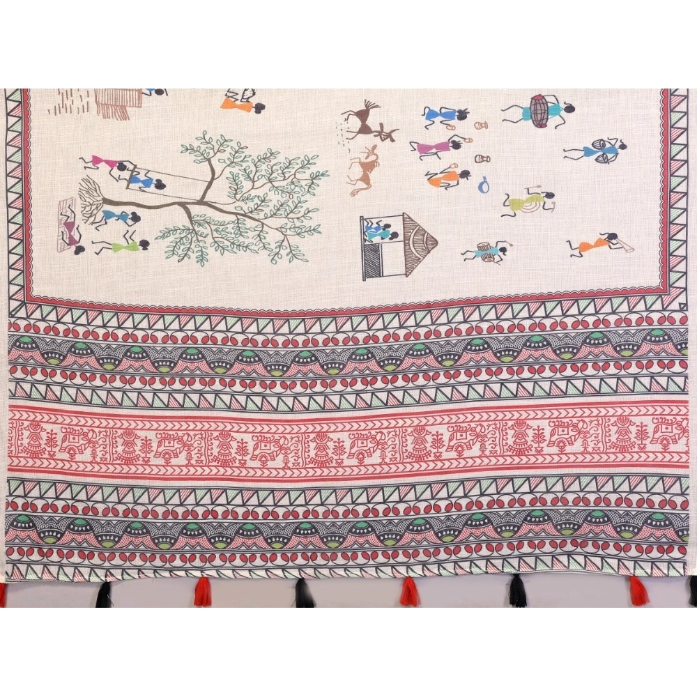 Generic Women's Linen Cotton Printed Saree With Unstitched Blouse 5.5Mtr (Off White) - Image 4