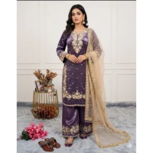 Generic Women's Silk Embroidered 3/4th Sleeve Round Kurti With Palazzo Pant and Dupatta Set (Purple)
