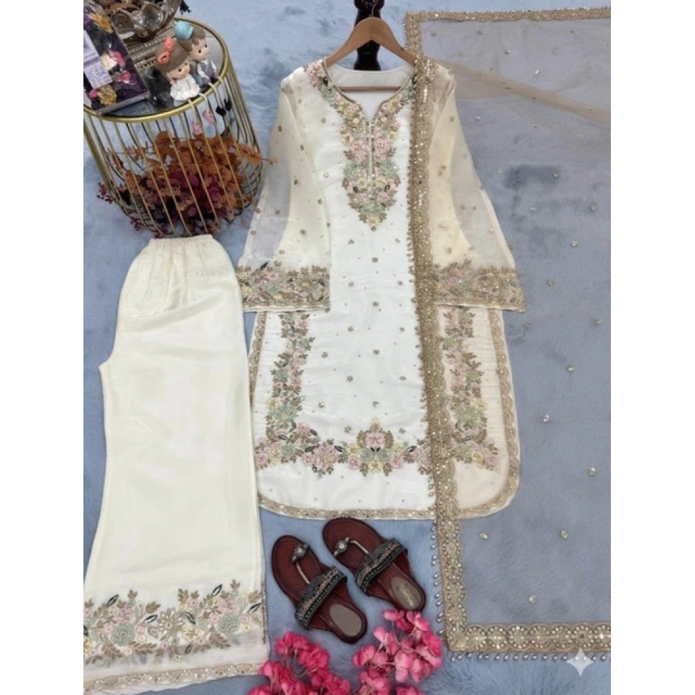 Generic Women's Silk Embroidered 3/4th Sleeve Round Kurti With Palazzo Pant and Dupatta Set (White) - Image 3
