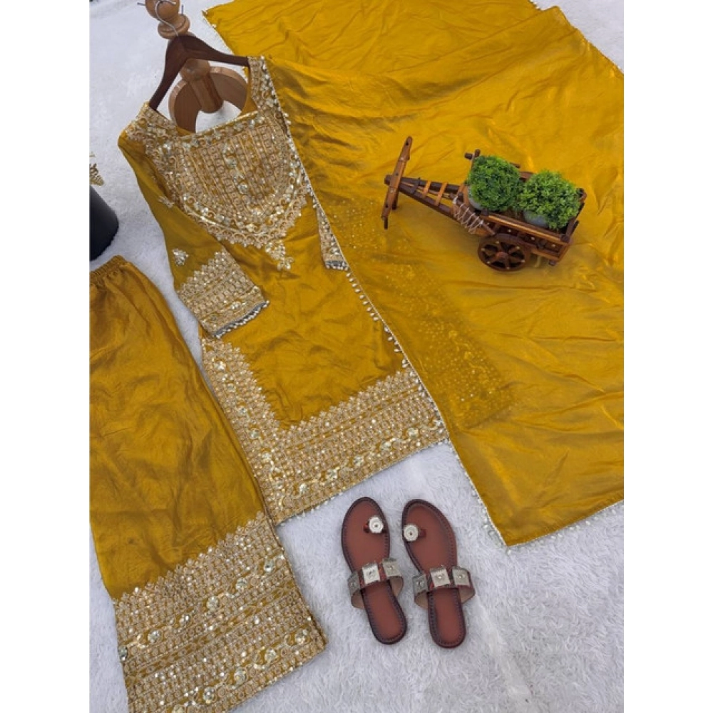 Generic Women's Silk Embroidered 3/4th Sleeve Round Kurti With Sharara Pant and Dupatta Set (Yellow) - Image 3