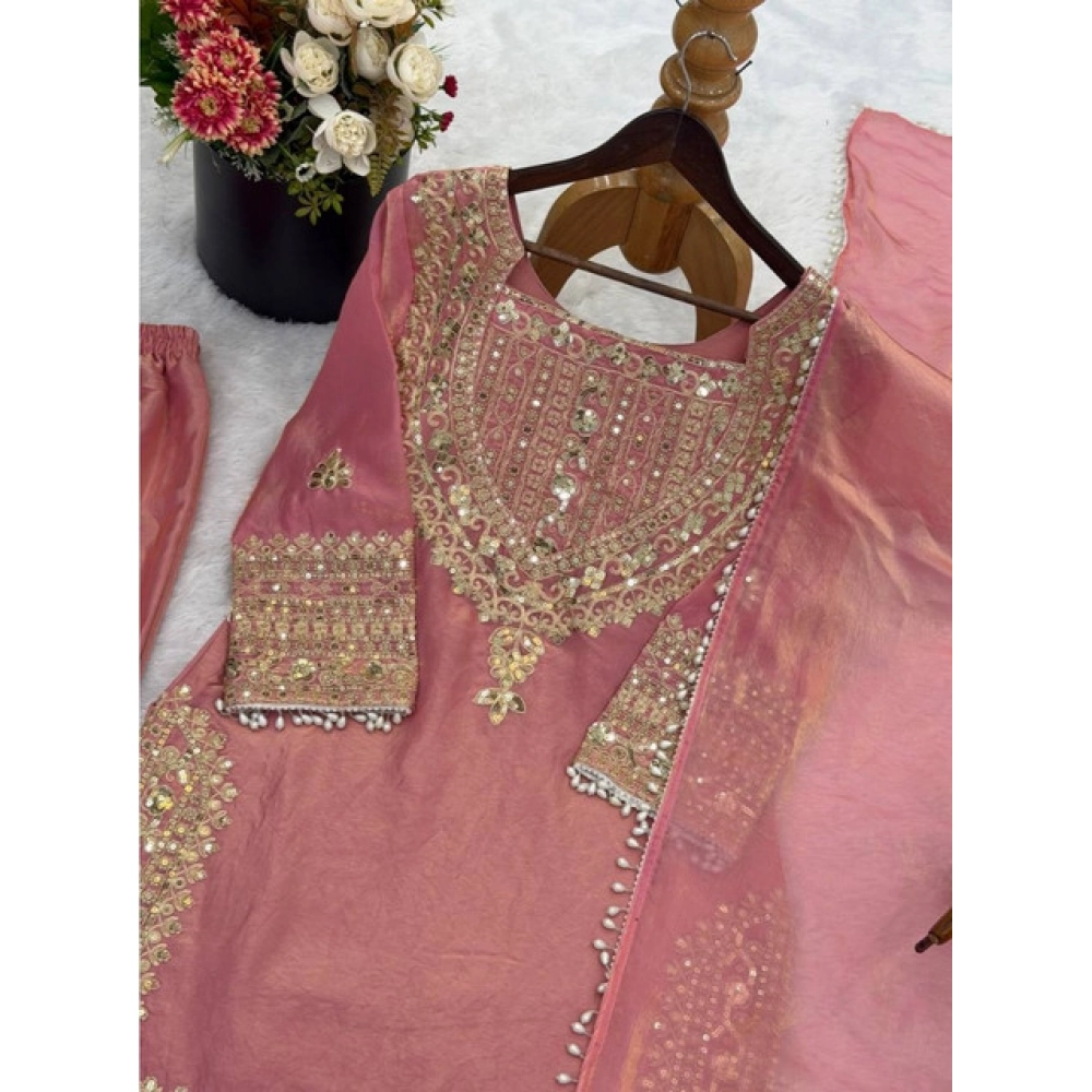 Generic Women's Silk Embroidered 3/4th Sleeve Round Kurti With Sharara Pant and Dupatta Set (Pink) - Image 4