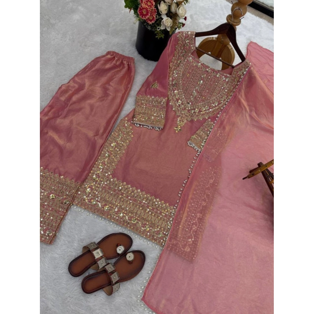 Generic Women's Silk Embroidered 3/4th Sleeve Round Kurti With Sharara Pant and Dupatta Set (Pink) - Image 3