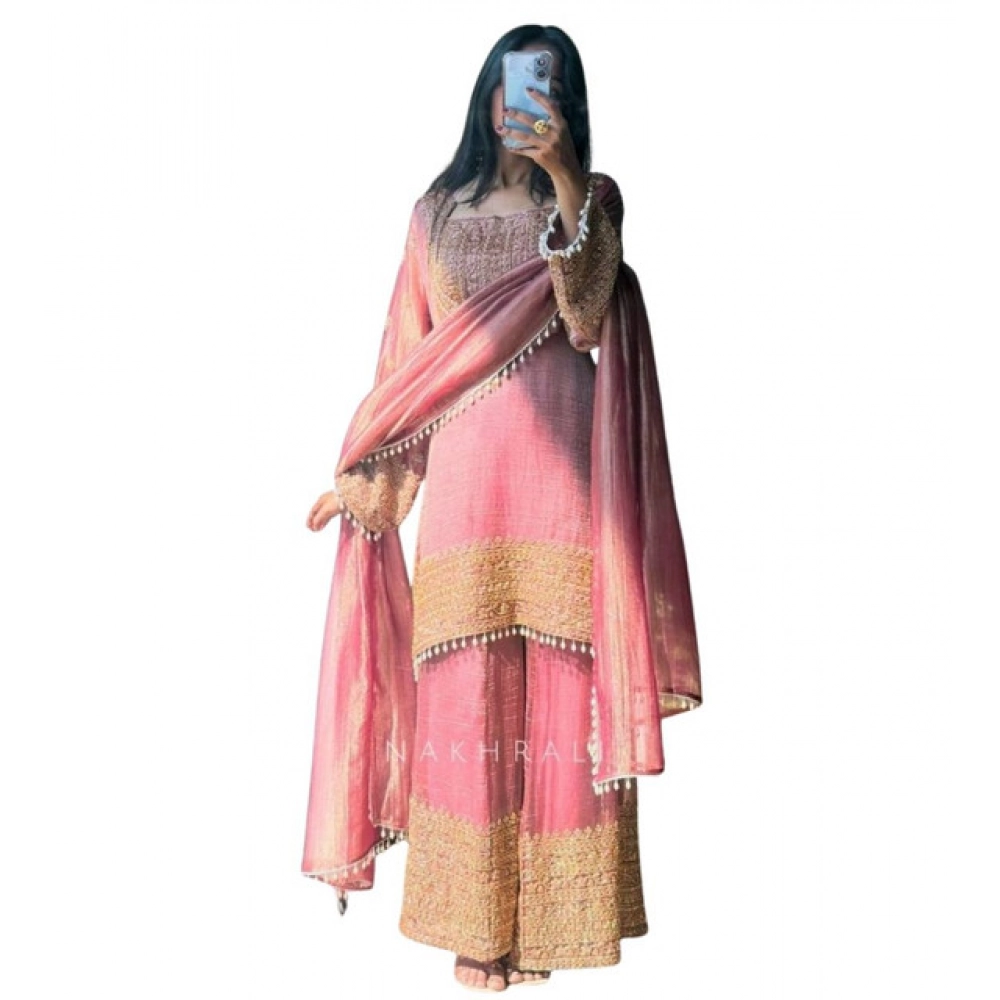 Generic Women's Silk Embroidered 3/4th Sleeve Round Kurti With Sharara Pant and Dupatta Set (Pink) - Image 6